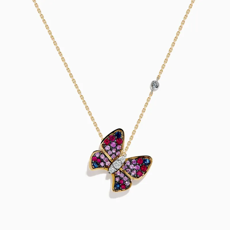 14 Karat Three Tone Gold Semi Precious and Diamond Butterfly Pendant Necklace sold by Effy