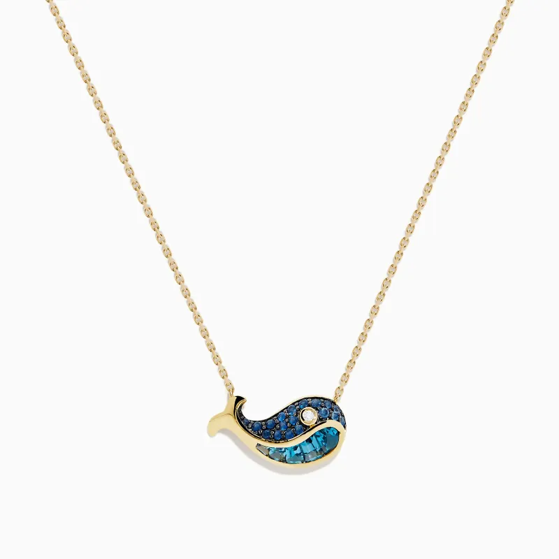 14K Yellow Gold Sapphire, Blue Topaz, and Diamond Whale Necklace sold by Effy