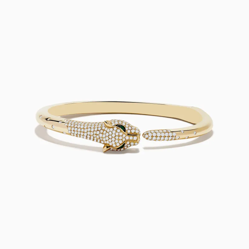 Signature 14K Yellow Gold Diamond and Emerald Panther Open Bangle sold by Effy