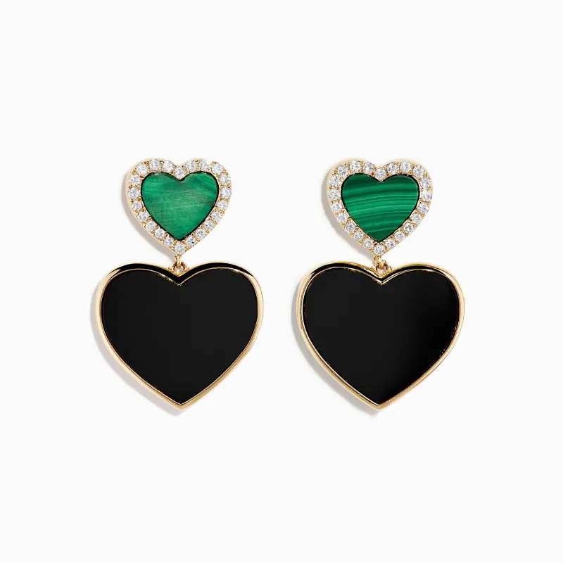 14K Yellow Gold Onyx, Malachite and Diamond Heart Dangle Earrings sold by Effy