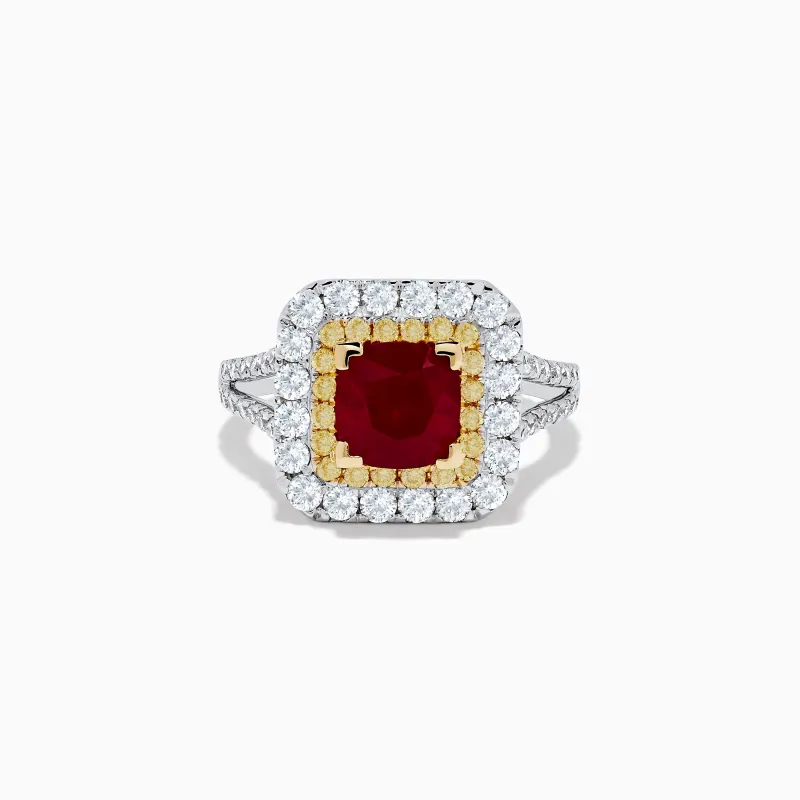 18K 2-Tone Gold Ruby, Yellow and White Diamond Double Halo Ring sold by Effy