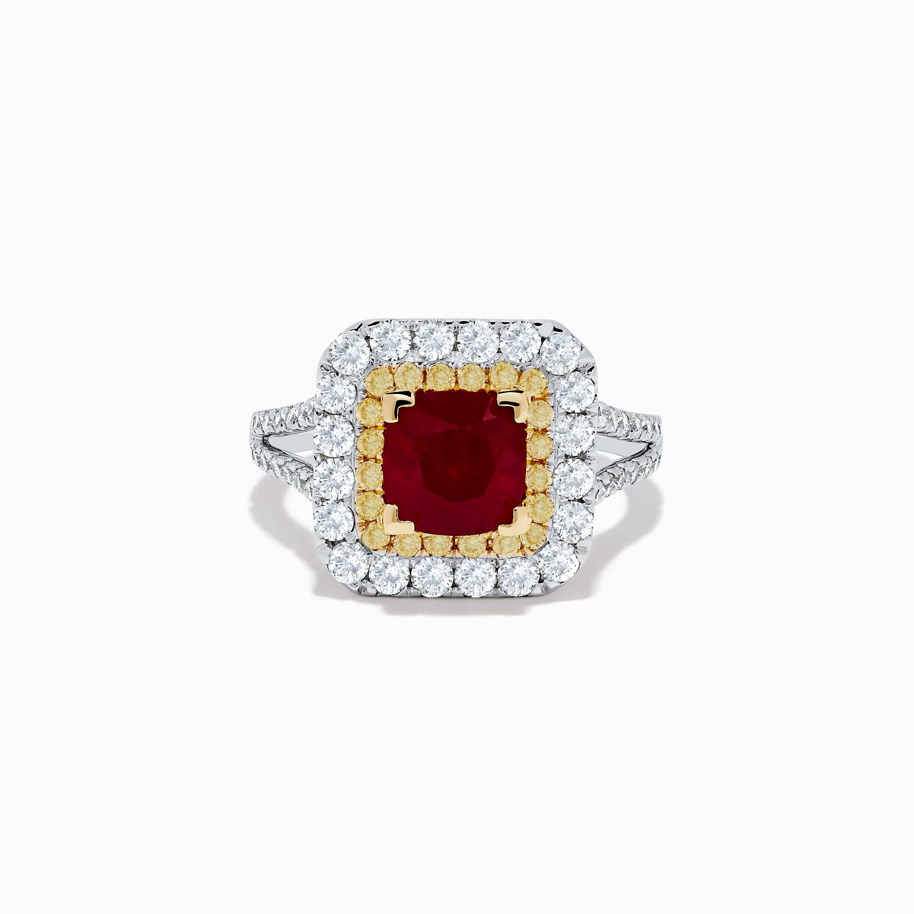 18K 2-Tone Gold Ruby, Yellow and White Diamond Double Halo Ring sold by Effy