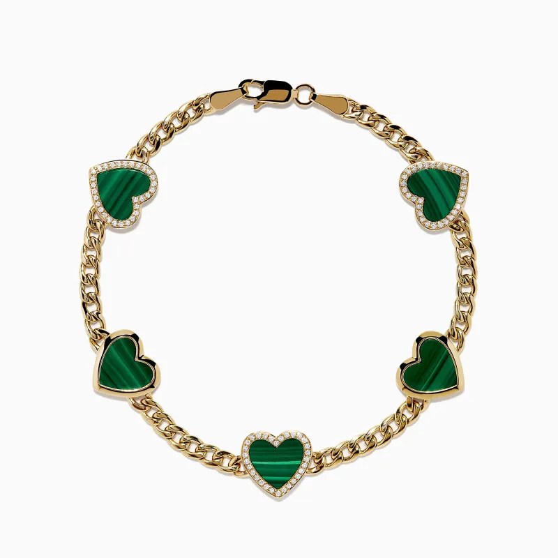 14K Yellow Gold Malachite and Diamond 5 Motif Heart Bracelet made by Effy