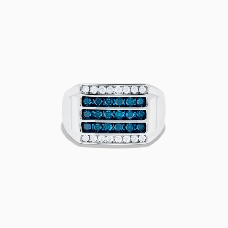 Men's 14K White Gold Blue and White Diamond Ring sold by Effy