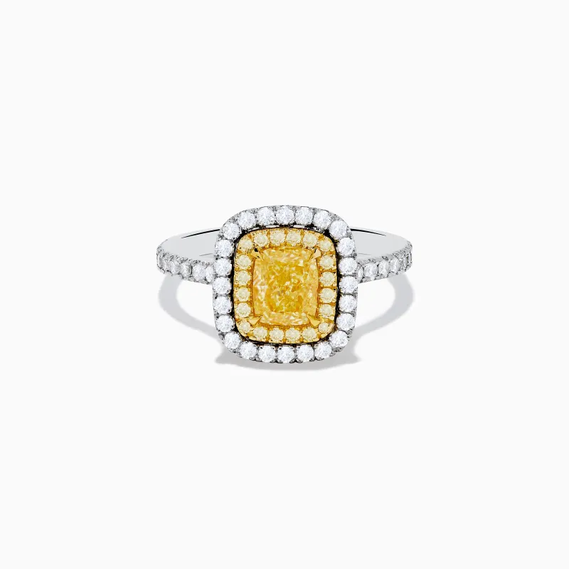 18K Two Toned Gold GIA certified Yellow and White Diamond Halo Ring sold by Effy