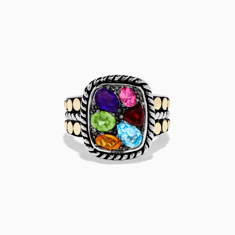 Mosaic 925 Sterling Silver and 18K Yellow Gold Multi Color Ring sold by Effy