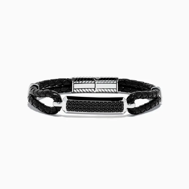 Men's 925 Sterling Silver Black Sapphire Leather Bracelet sold by Effy