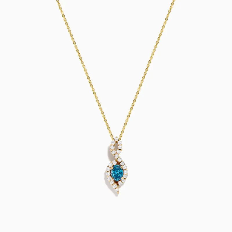 14K Yellow Gold Blue and White Diamond S-Curve Halo Pendant sold by Effy