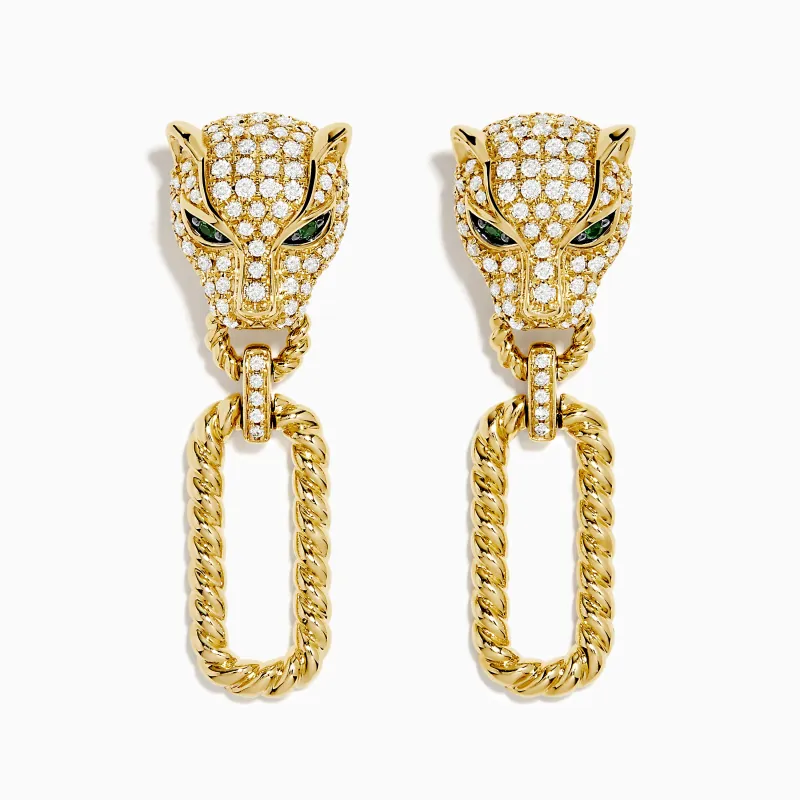 Signature 14K Yellow Gold Diamond and Emerald Panther Drop Earrings sold by Effy