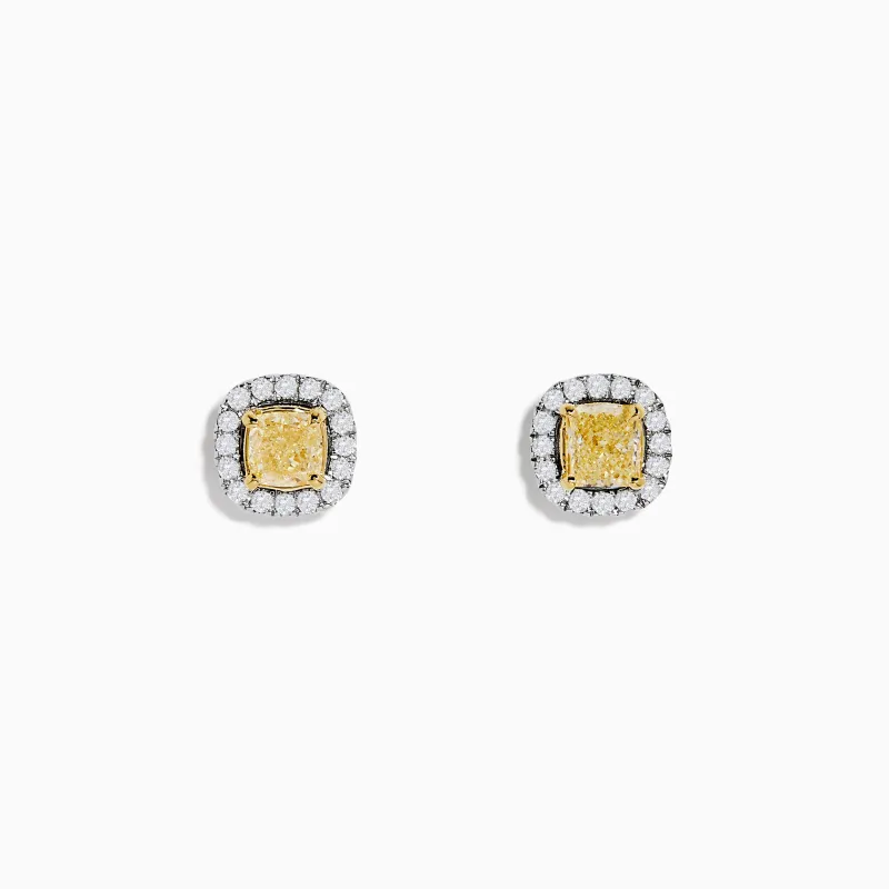 Canare 18K Two Tone Gold Yellow Cushion Yellow and White Diamond Stud Earrings sold by Effy