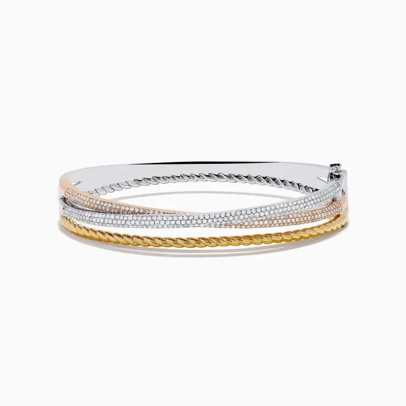 Trio 14K Tri-Color Gold Crossover Diamond Bangle sold by Effy