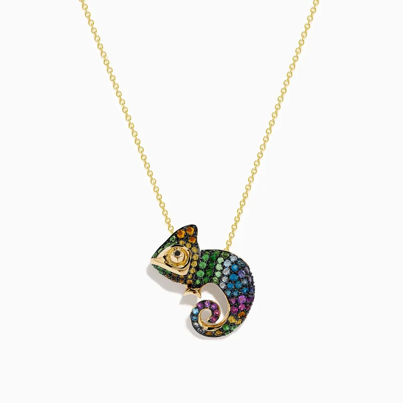 Safari 14K Yellow Gold Multi Color Gemstone and Black Diamond Chameleon Pendant sold by Effy