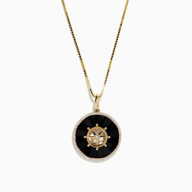 Novelty 14K Yellow Gold Onyx and Diamond Compass Disc Pendant sold by Effy
