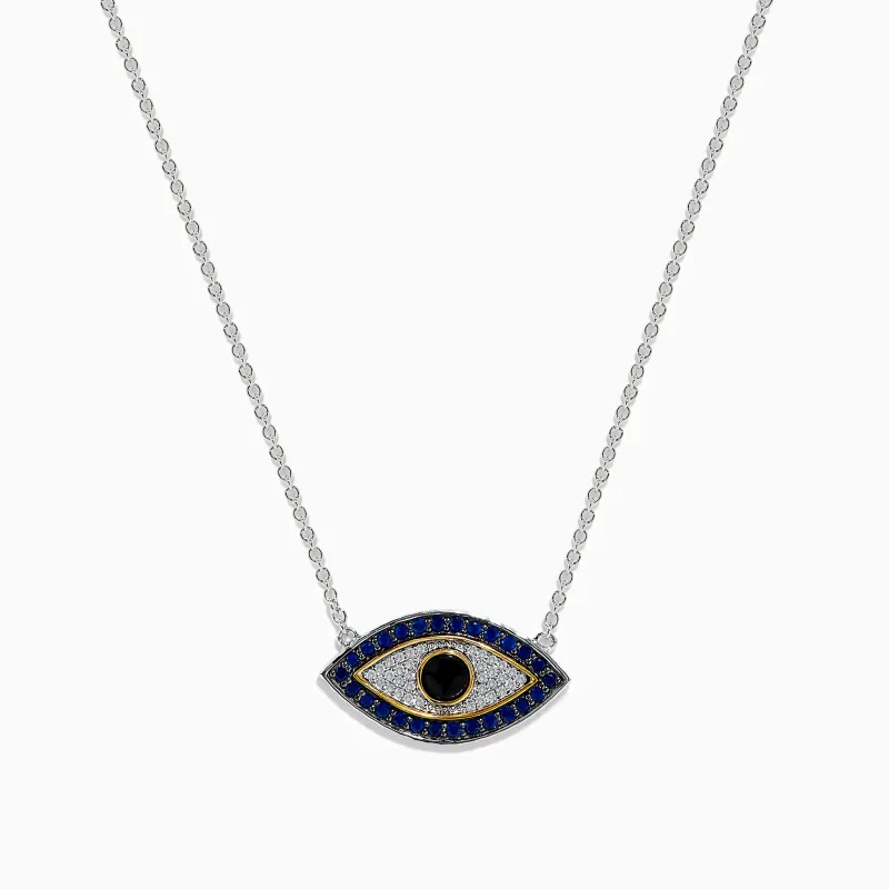 925 Sterling Silver 14K Yellow Gold Sapphire, Onyx and Diamond Evil Eye Necklace sold by Effy
