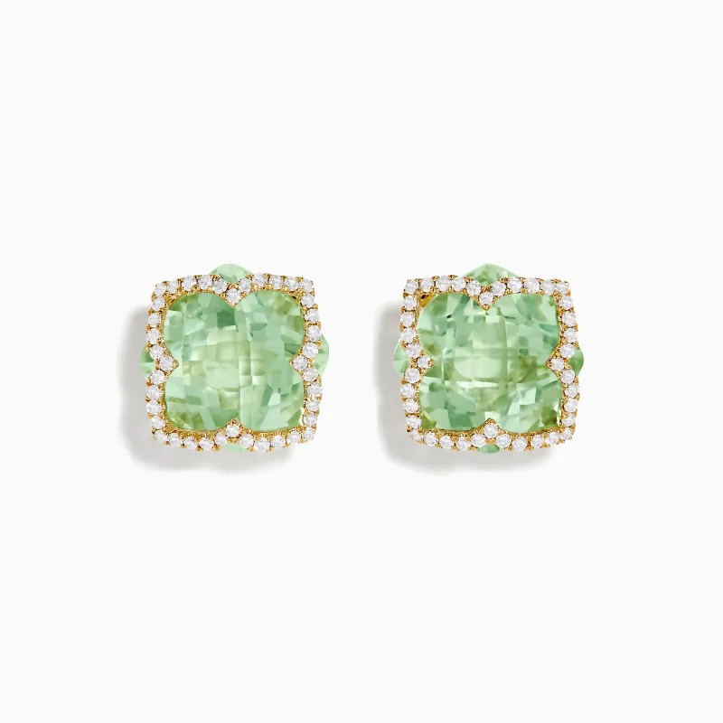 14K Yellow Gold Green Amethyst and Diamond Earrings sold by Effy