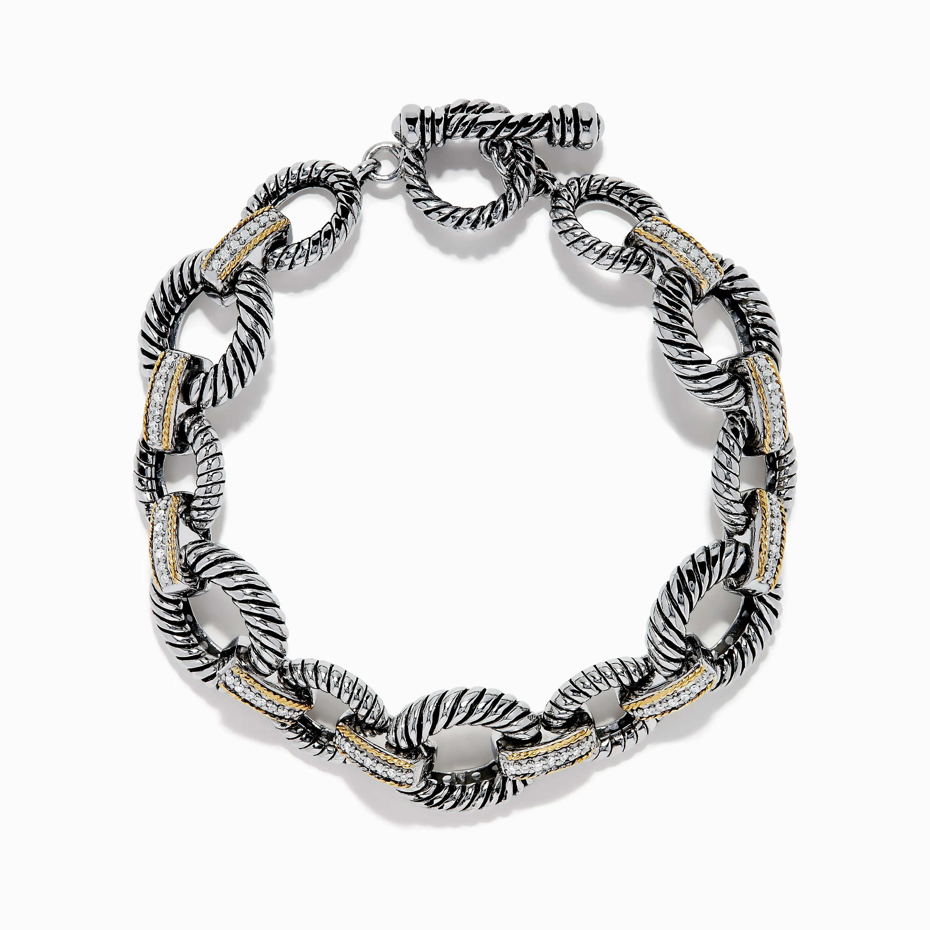 925 Sterling Silver Two Tone 18K Yellow Gold Textured Link Diamond Bracelet sold by Effy product image thumbnail 3