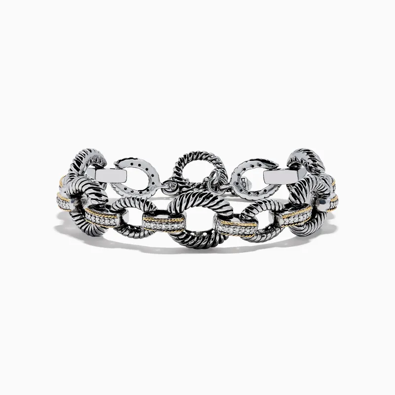 925 Sterling Silver Two Tone 18K Yellow Gold Textured Link Diamond Bracelet sold by Effy