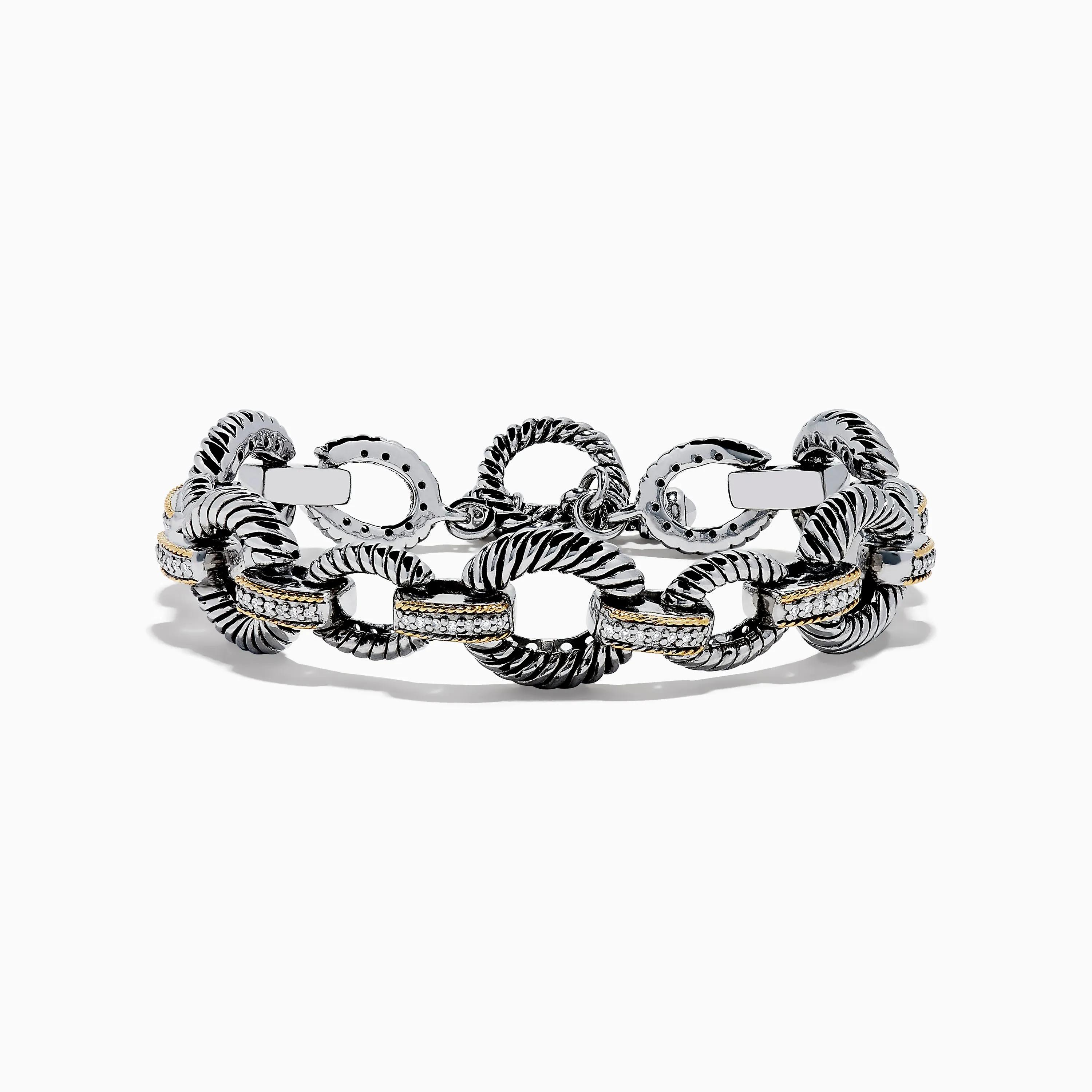 925 Sterling Silver Two Tone 18K Yellow Gold Textured Link Diamond Bracelet sold by Effy