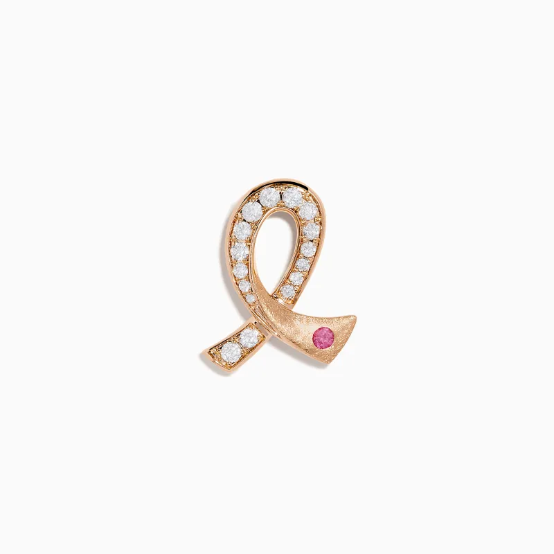 Novelty 14K Rose Gold Pink Sapphire & Diamond Pink Ribbon Pin made by Effy