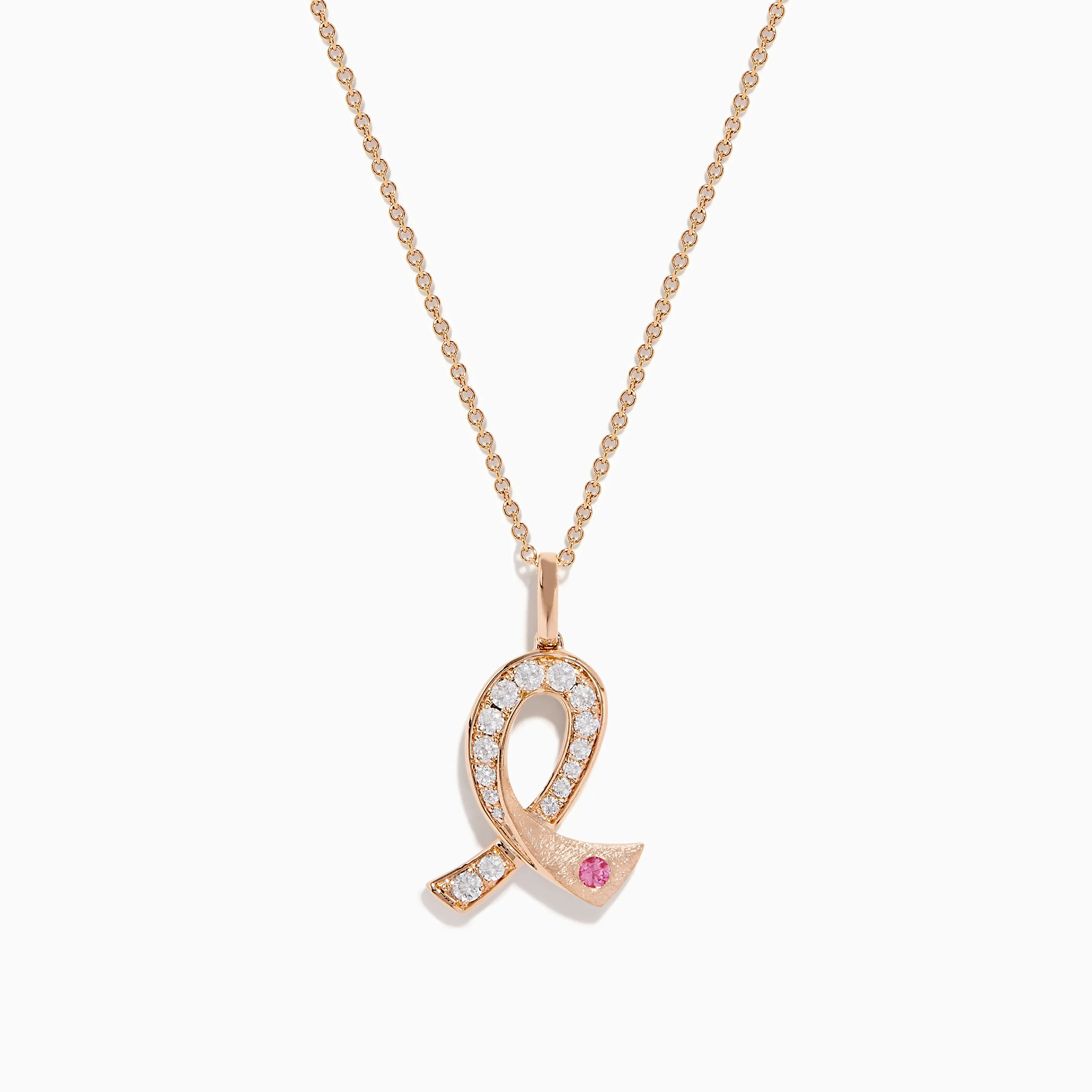 Novelty 14K Rose Gold Pink Sapphire & Diamond Pink Ribbon Pendant sold by Effy