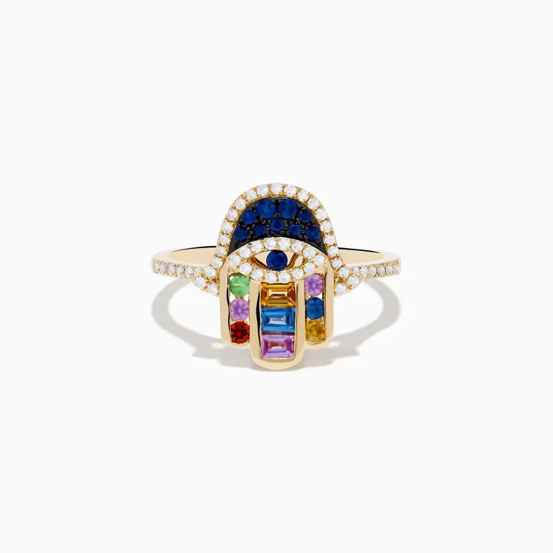 Novelty 14K Yellow Gold Multi Color Sapphire and Diamond Hamsa Ring made by Effy