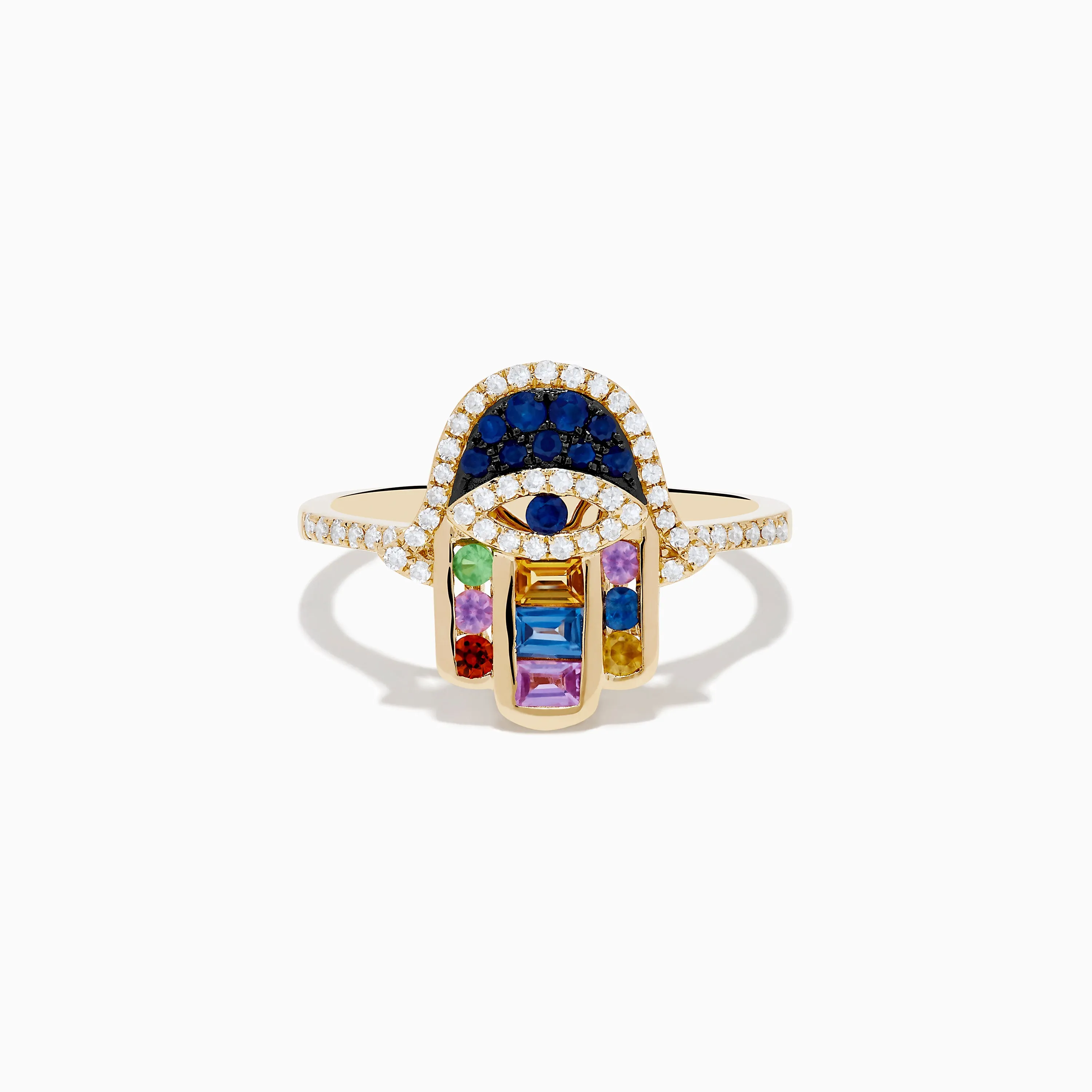 Novelty 14K Yellow Gold Multi Color Sapphire and Diamond Hamsa Ring sold by Effy
