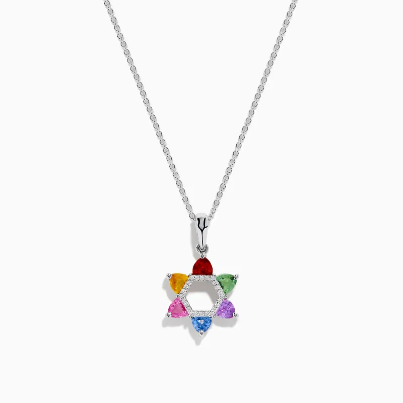 Watercolors 14K White Gold Multi Color Sapphire and Diamond Star of David Pendant sold by Effy