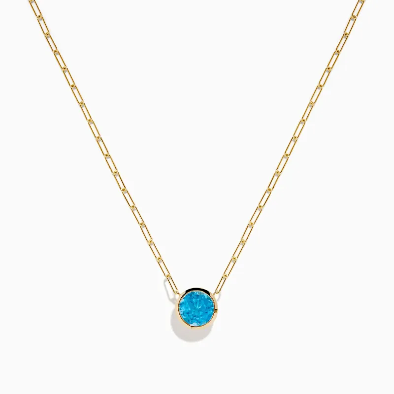 14K Yellow Gold Blue Topaz Bezel Paperclip Chain Pendant sold by Effy