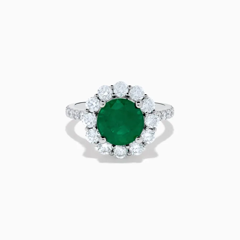 18K White Gold Emerald and Diamond Halo Ring sold by Effy