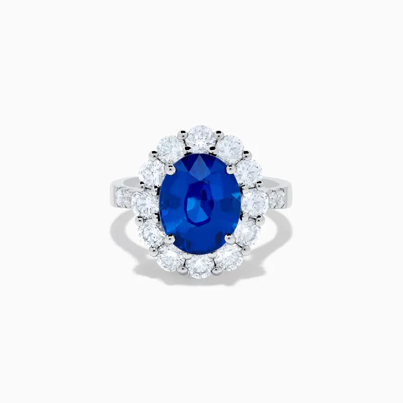 18K White Gold Blue Sapphire and Diamond Halo Ring sold by Effy