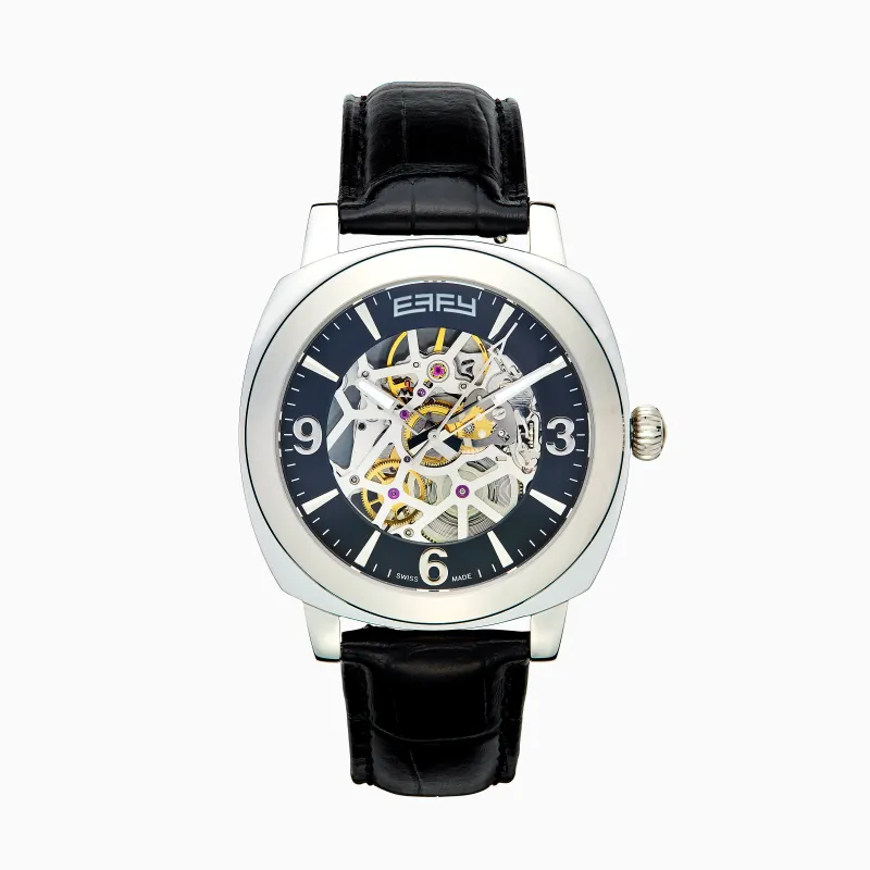 Men's Skeleton 41mm Sapphire Crystal Stainless Steel and Black Leather Watch sold by Effy