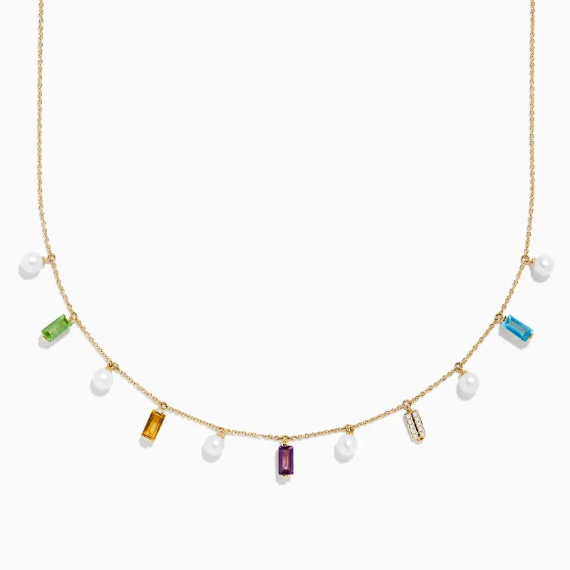 Mosaic 14K Yellow Multi Color Gemstone Freshwater Pearl and Diamond Necklace sold by Effy