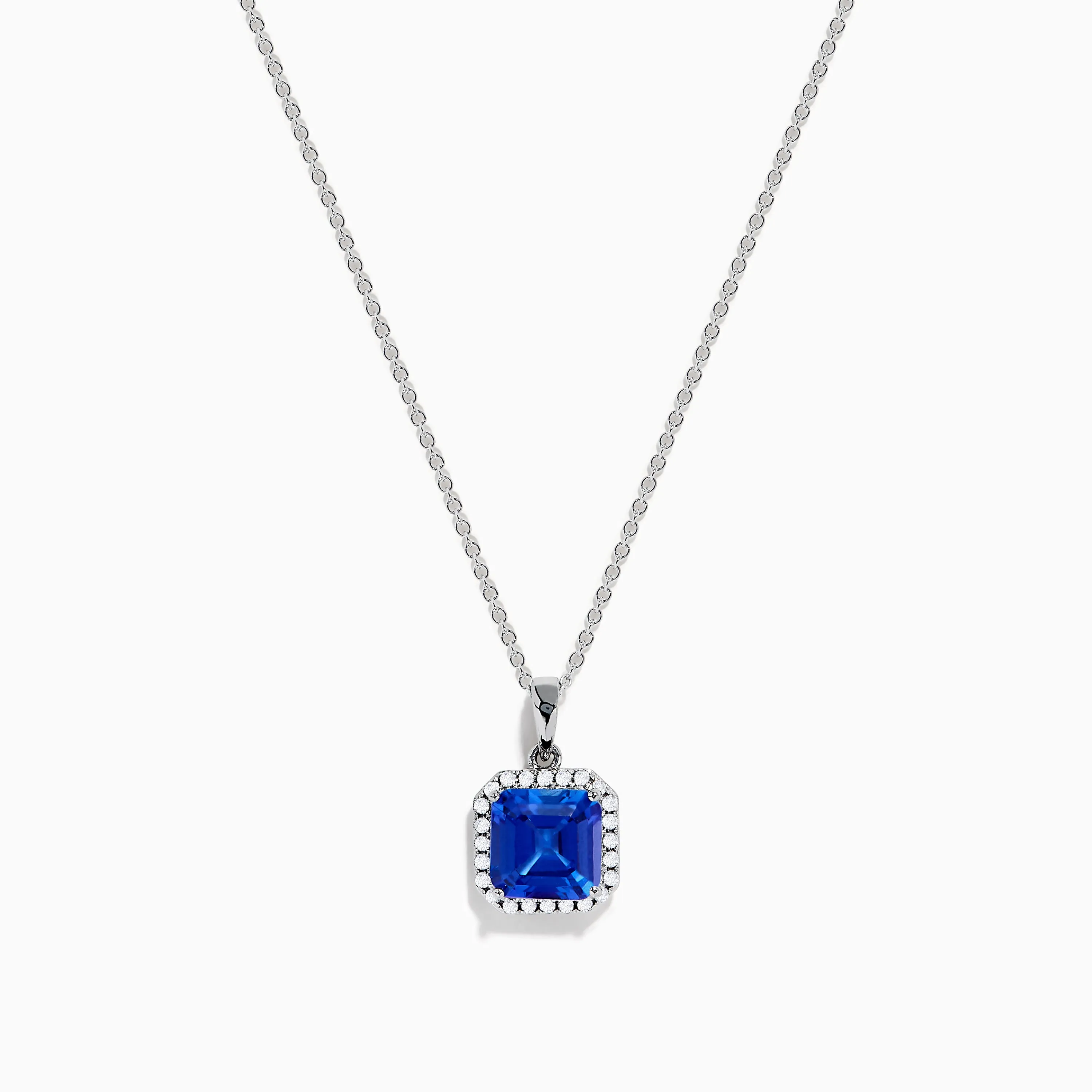 Nahla 14K White Gold Step Cut AAA Tanzanite and Diamond Halo Pendant sold by Effy