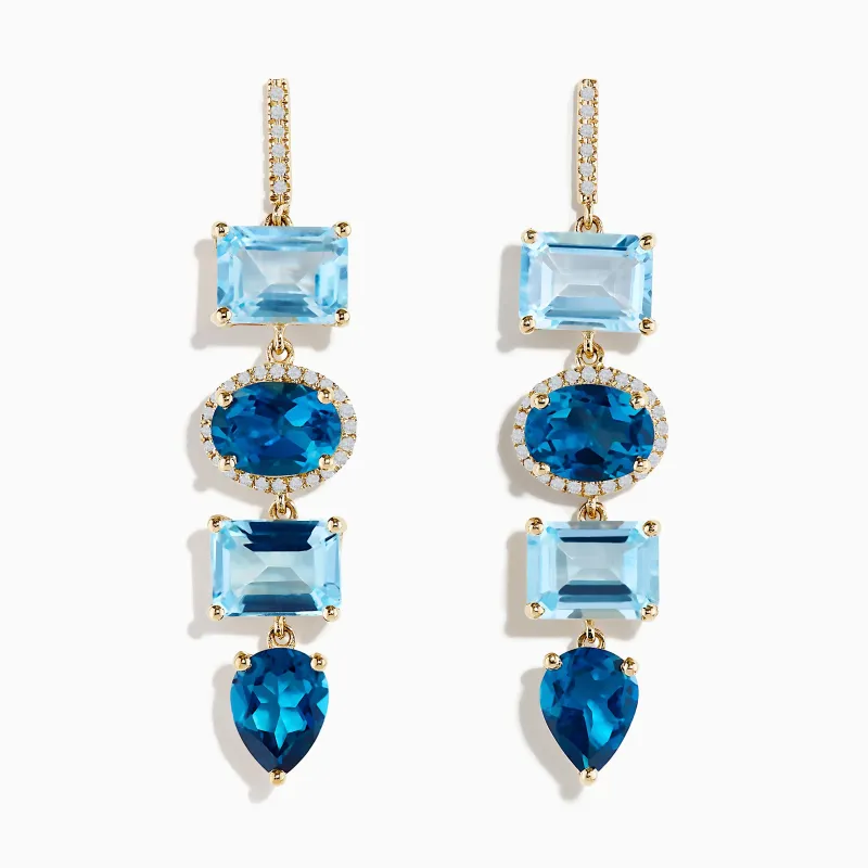 14K Yellow Gold Blue Topaz and Diamond Drop Earrings sold by Effy