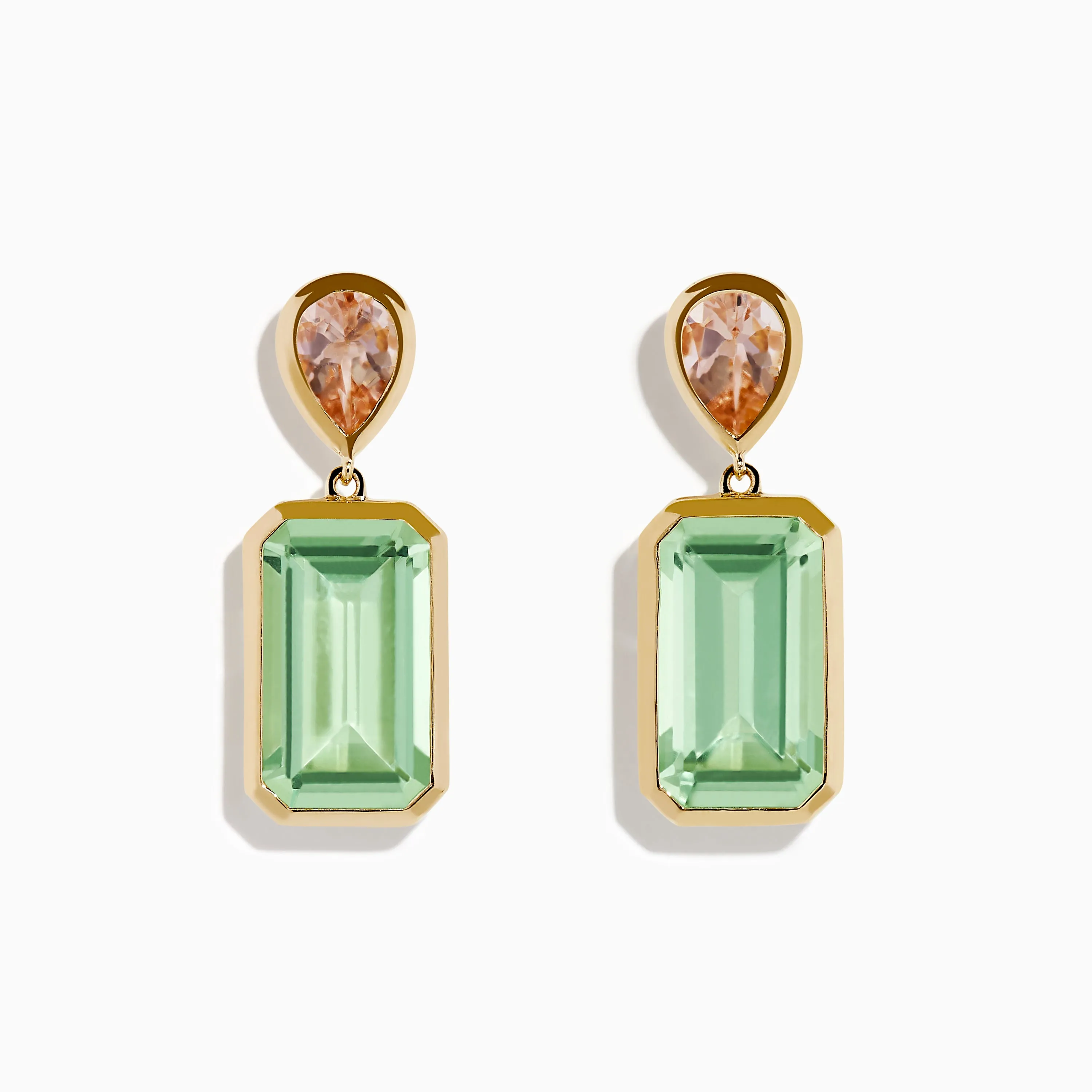 14K Yellow Gold Green Amethyst and Morganite Bezel Drop Earrings sold by Effy