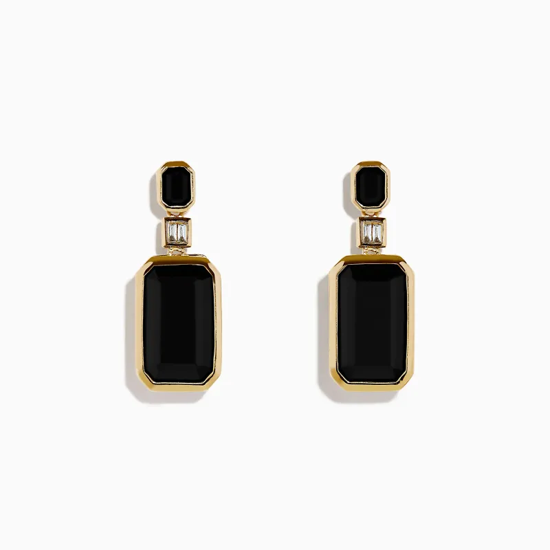 14K Yellow Gold Onyx and Diamond Bezel Drop Earrings sold by Effy