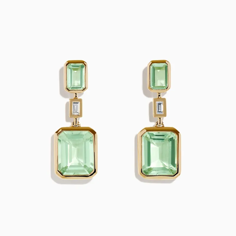 14K Yellow Gold Green Amethyst and Diamond Bezel Drop Earrings sold by Effy