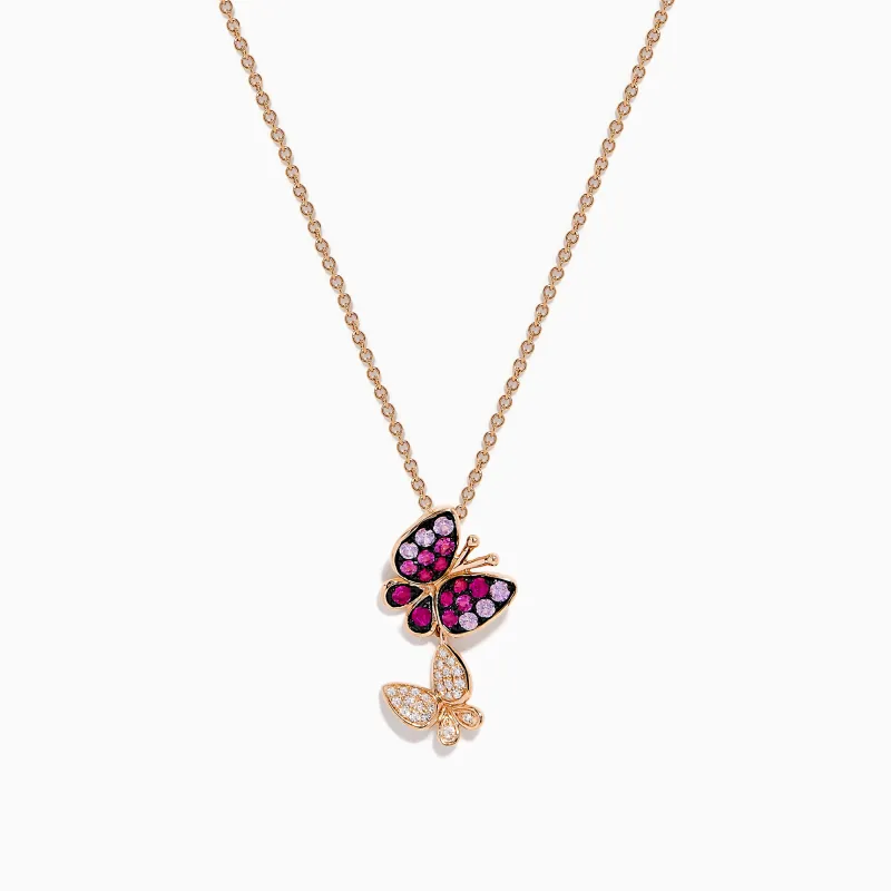 14K Rose Gold Pink Sapphire and Diamond Butterfly Pendant sold by Effy