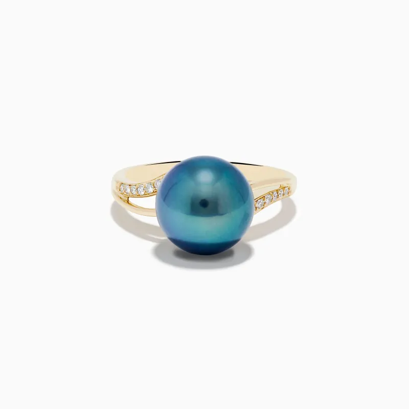 14K Yellow Gold Diamond Black Tahitian Pearl Ring sold by Effy