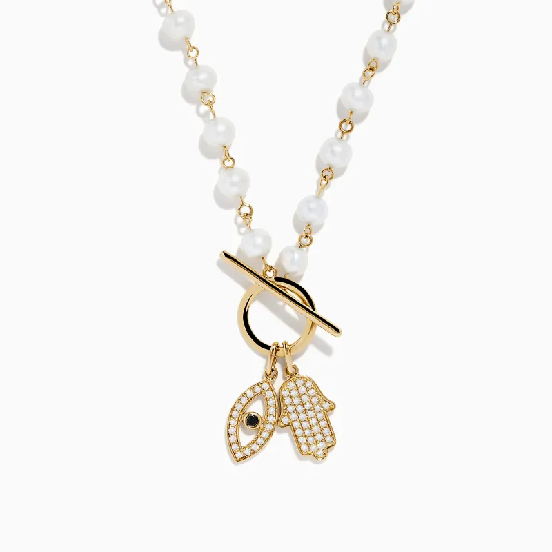 14K Yellow Gold Fresh Water Pearl and Diamond Evil Eye Necklace sold by Effy