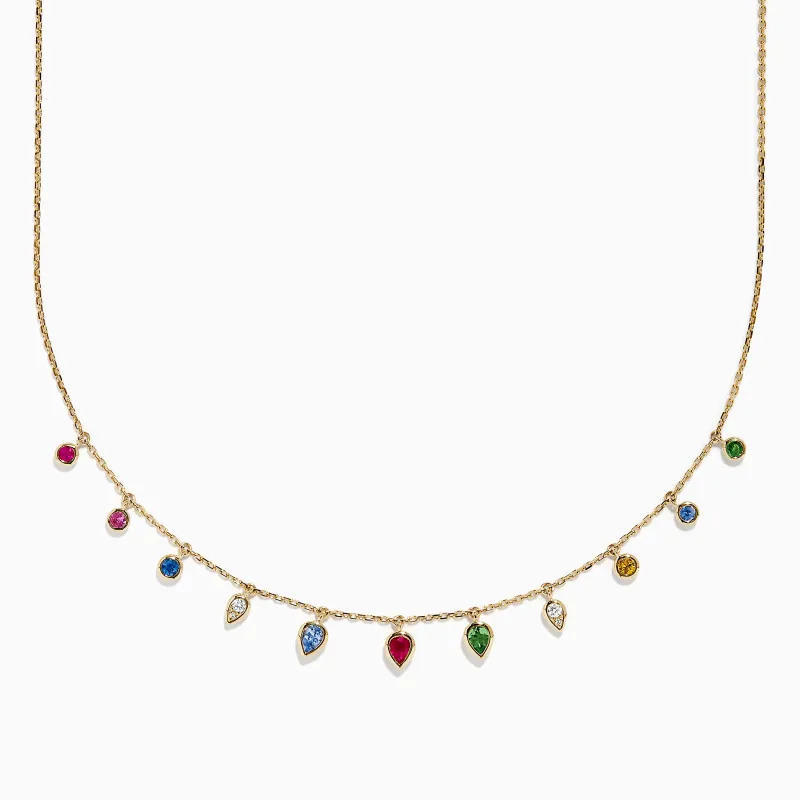 14K Yellow Gold Multi Sapphire Diamond Rain Drop Station Necklace sold by Effy