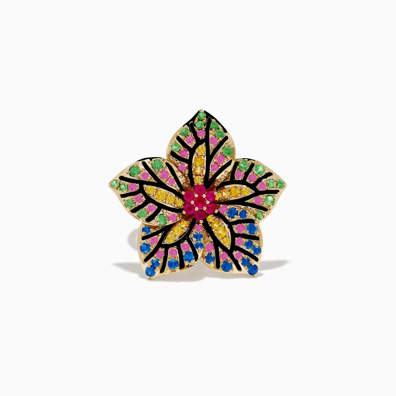 14K Yellow Gold Multi Color Sapphire, Ruby and Tsavorite Flower Ring sold by Effy