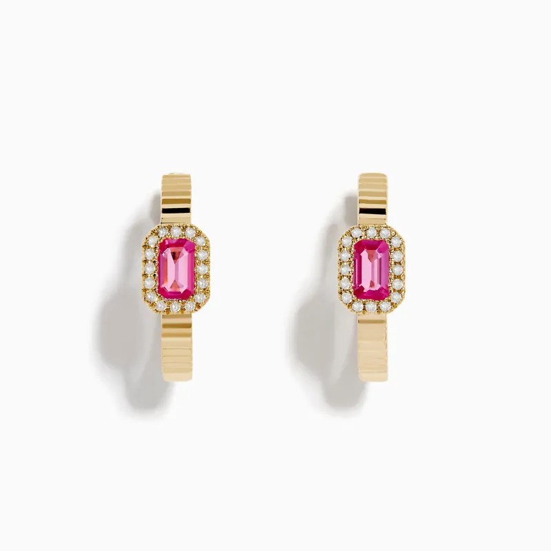 14K Yellow Gold Pink Sapphire and Diamond Hoop Earrings sold by Effy