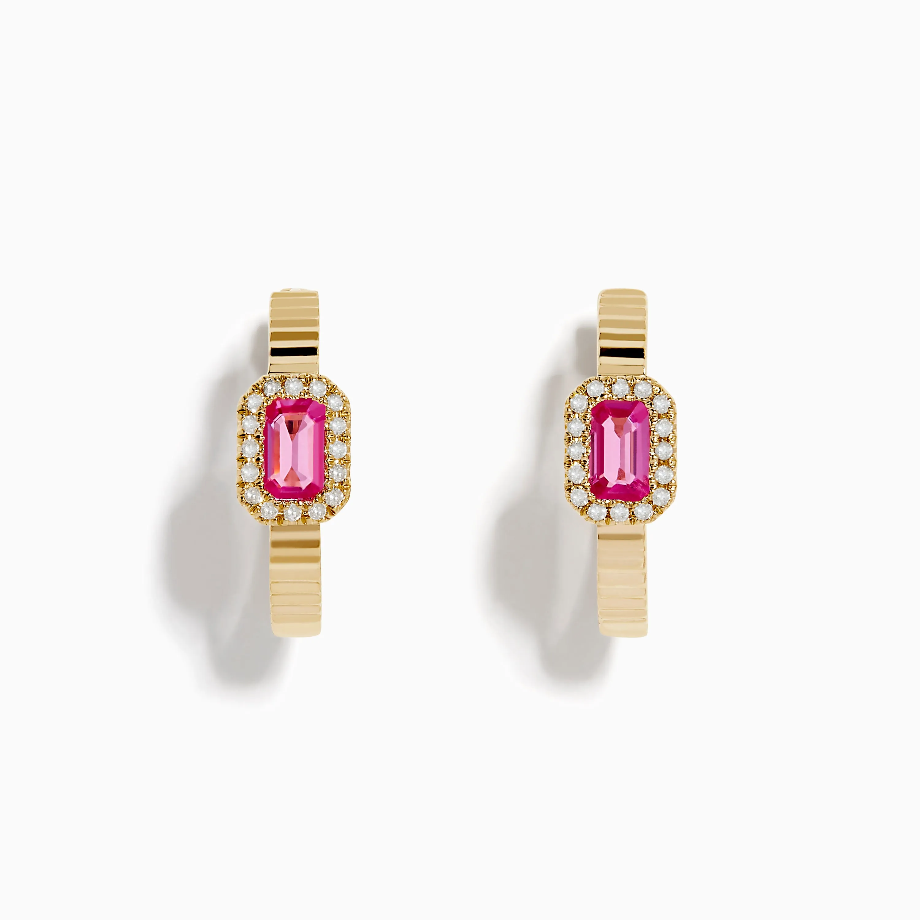 14K Yellow Gold Pink Sapphire and Diamond Hoop Earrings sold by Effy