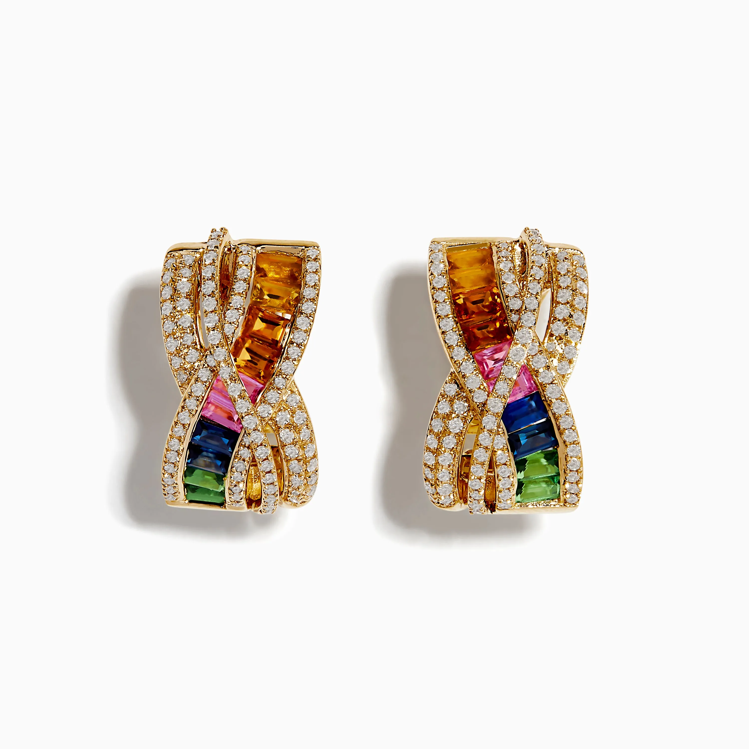 14K Yellow Gold Multi Color Sapphire and Diamond Crossover Hoop Earrings sold by Effy
