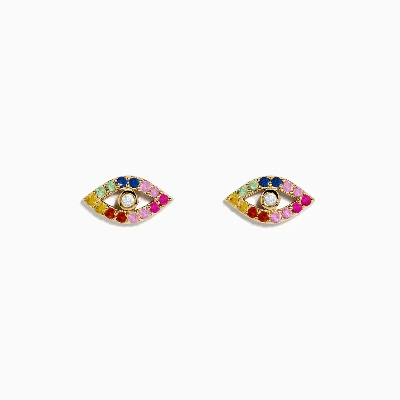 14K Yellow GoldMulti Color Sapphire and Diamond Evil Eye Earrings sold by Effy