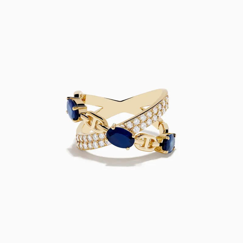 Royal Bleu 14K Yellow Gold Sapphire and Diamond Criss Cross Chain Link Ring sold by Effy
