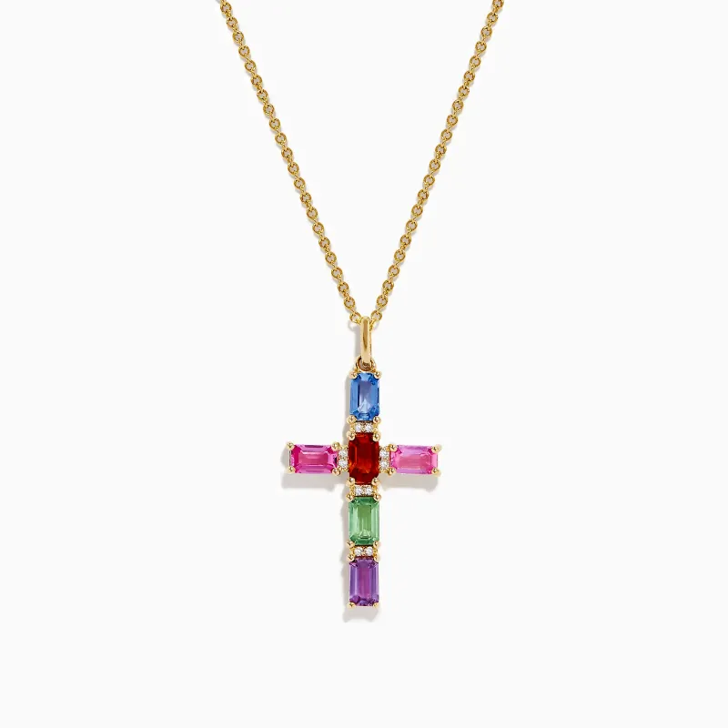 Watercolors 14K Yellow Gold Multi Color Sapphire and Diamond Cross Pendant sold by Effy