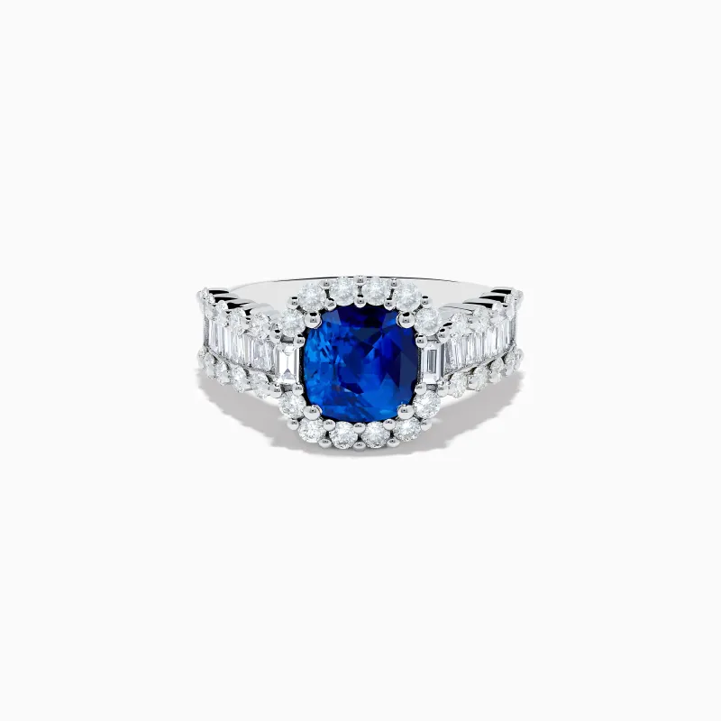18K White Gold GIA Certified Cushion Cut Blue Sapphire and Diamond Ring sold by Effy