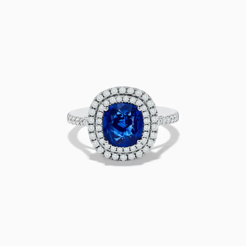 18K White Gold Blue Sapphire and Diamond Double Halo Ring sold by Effy